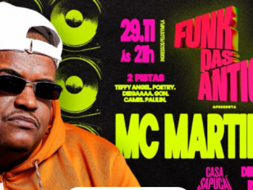 Imagem de um homem com óculos, boné e uma blusa laranja, ao lado o nome do evento, local e data.