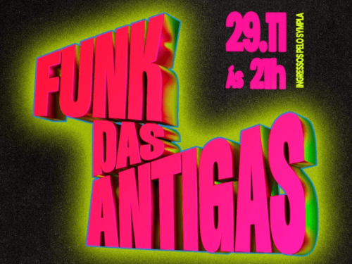 Imagem com o nome do evento na cor rosa, data e o horário