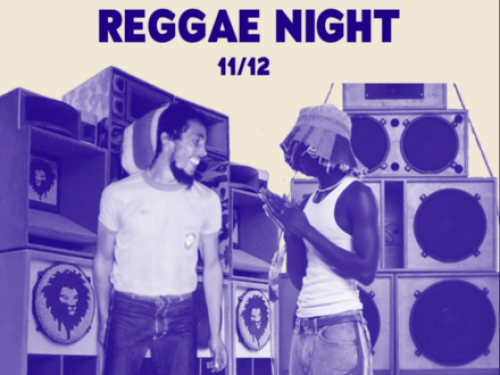 Flyer divulgação nas cores lilás e branco, imagem de caixas de som ao fundo e texto ao centro: " Reggae Night"