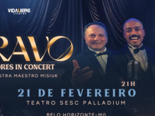 Imagem de três homens cantando, com o nome, data e local do evento