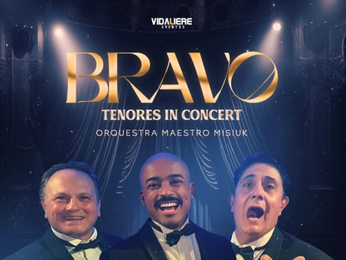 Imagem de três homens cantando, com o nome, data e local do evento