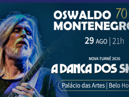 Imagem de um homem tocando uma guitarra, com o fundo todo azul, nome, local e data do evento.