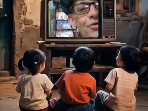 um homem cantando historias para muitas crianças atraves de uma televisão