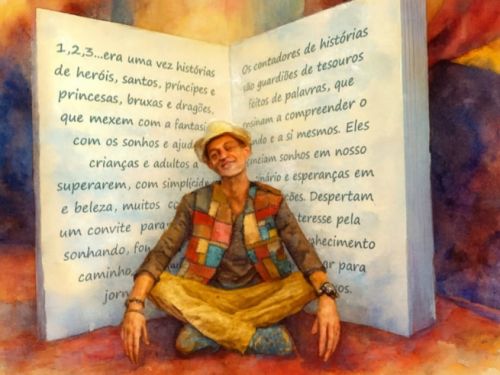 um homem sentado com um livro enorme no fundo