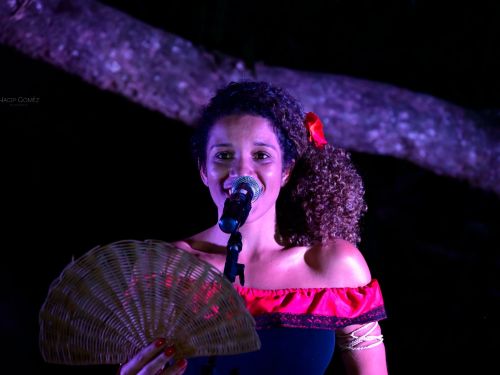 Imagem de uma mulher cantando, caracterizada de cigana