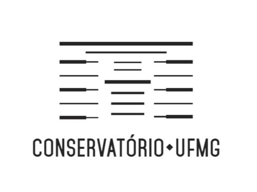Logo Conservatório UFMG com fundo branco e imagem de traços pretos simbolizando o prédio da fachada do local.