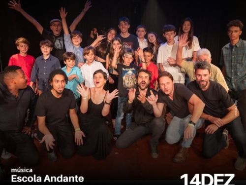 VI Recital da Escola Andante: Poster de divulgação do evento com foto de um grupo grande e diverso de pessoas de todas as idades.