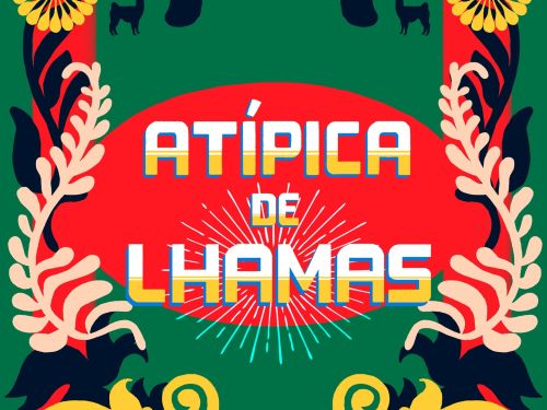 Ilustração colorida com texto: Atípica de Lhamas