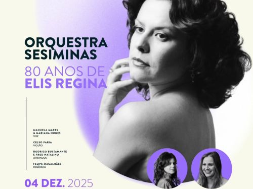 Flyer de divulgação com imagem em preto e branco da cantora homenageada Elis Regina, fundo roxo com informações sobre o evento