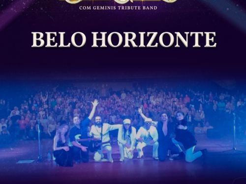 Flyer de divulgação com imagem do grupo ao palco