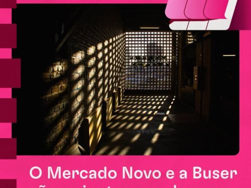 Flyer de divulgação, com imagem dos cobogós do mercado e fundo rosa, texto informa o evento.