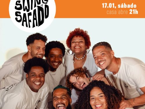 Flyer de divulgação com imagem dos artistas