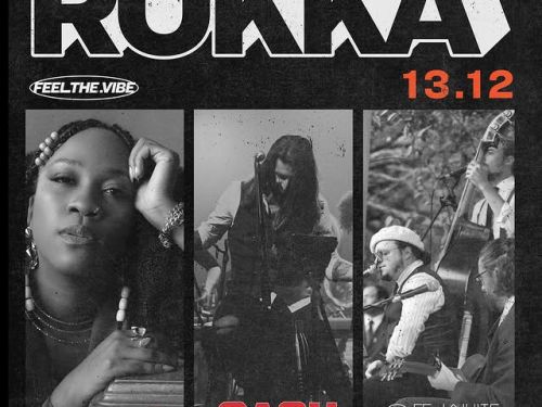 Flyer de divulgação da festa Rokka, com fundo preto e imagens em preto e branco dos DJS, texto informa o evento.