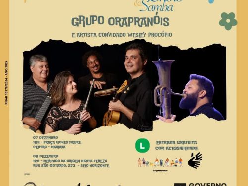 Flyer divulgação com fotografia do grupo "Orapronois" com 4 integrantes acompanhados de seus instrumentos, fundo amarelo, textos informam sobre o evento.