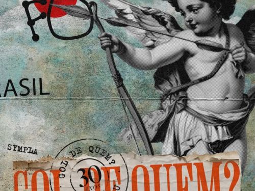 Flyer de divulgação com imagem ilustrativa de um cupido, como símbolo da banda pato fu, texto informa o evento 