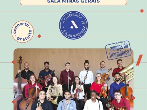 Flyer de divulgação com fundo azul e foto ao centro do Recital Academia Filarmônica, texto informa o evento. 