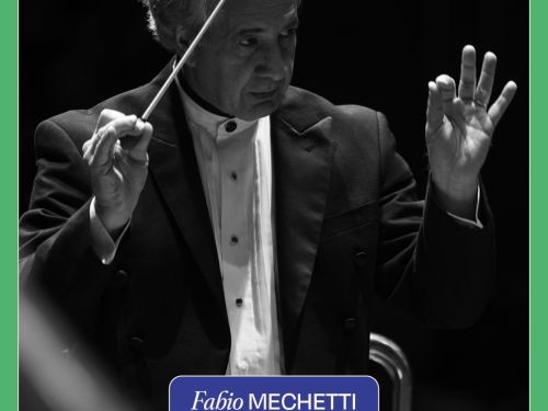 Flyer de divulgação com fundo verde e imagem em preto e branco do regente Fabio Mechetti