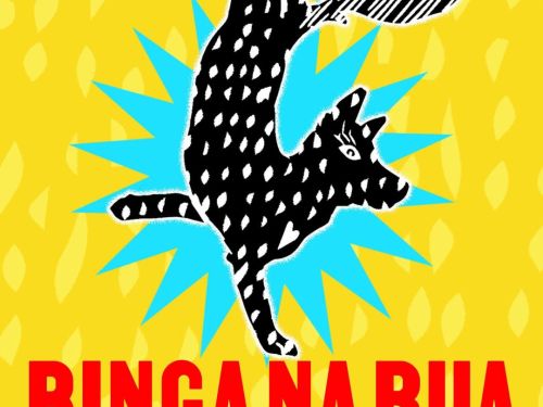 Ilustração colorida com texto: Binga na rua 24 de Janeiro. Fundo Amarelo com ilustração de um cachorro preto ao meio.