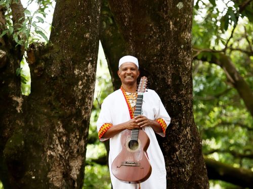 Imagem do artista Pereira da Viola, acompanhado de um violão, com fundo de troncos de árvores.