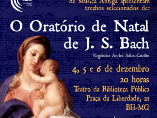 Flyer de divulgação do evento com fundo azul e imagem sagrada com textos informando o evento.