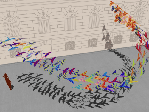 Imagem de vários pássaros coloridos em uma mesma direção.