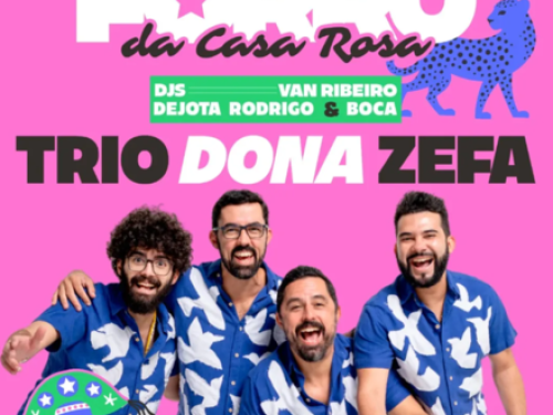 Flyer de divulgação nas cores rosa e roxo, com imagem do trio dona zefa no centro do cartaz, texto informa o evento