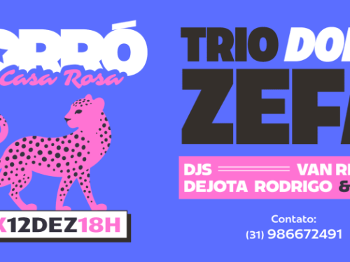 Flyer de divulgação nas cores roxo e rosa, texto informa o evento