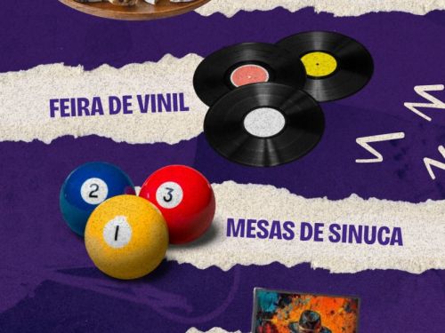Flyer de divulgação das atrações com fundo roxo e imagens ilustrativas