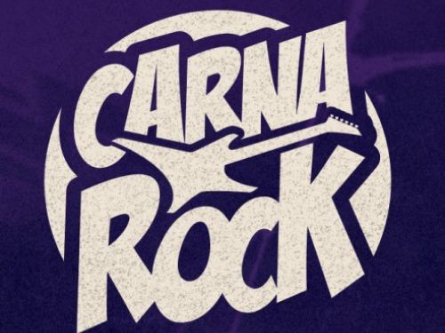 Logotipo do evento: Carna Rock com letras brancas e fundo roxo