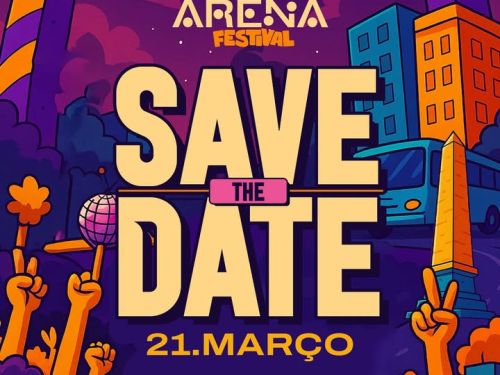 Cartaz ilustrado do Baile da Arena Festival, com estética vibrante em roxo e laranja, anunciando o evento para o dia 21 de março em Belo Horizonte. A imagem destaca o texto "SAVE THE DATE" centralizado, cercado por desenhos de uma multidão animada, prédios coloridos, o monumento "Pirulito" da Praça Sete e caixas de som no topo, transmitindo um clima de festival de música urbana.