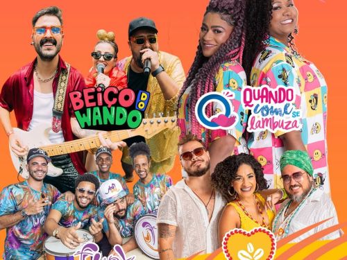 Montagem colorida com fotos de diversos músicos e integrantes de blocos de carnaval.