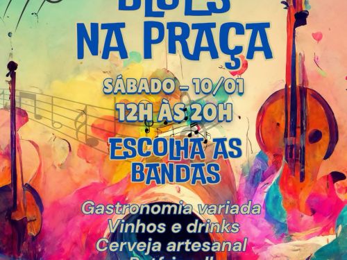 Cartaz artístico com fundo colorido estilo aquarela em tons de amarelo, rosa e azul, decorado com notas musicais e silhuetas de contrabaixos.