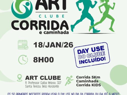 Panfleto digital com o título "Inscrições Abertas!" para evento esportivo. Inclui ilustrações em silhueta de um homem e uma mulher correndo.