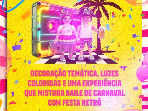 Arte em fundo amarelo com confetes. Apresenta dois bonecos tipo Playmobil fantasiados — uma mulher com máscara e um homem de pirata com uma caneca de chope — à frente de uma fita cassete gigante e colorida. O texto destaca a mistura de baile de Carnaval com festa retrô.