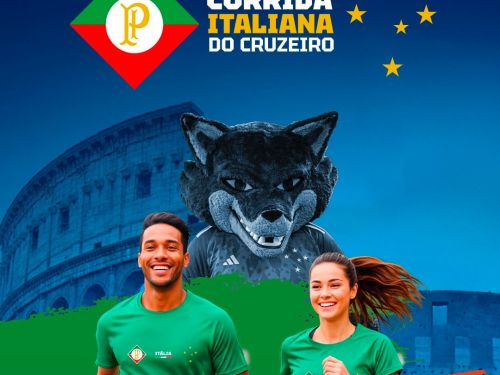 Cartaz da Corrida Italiana do Cruzeiro, que acontece dia 22 de fevereiro no Clube do Cruzeiro (Barro Preto). A imagem mostra um homem e uma mulher correndo com camisas verdes, o mascote Raposa ao fundo e o Coliseu romano. No topo, o escudo clássico do Palestra Itália e as estrelas do Cruzeiro.