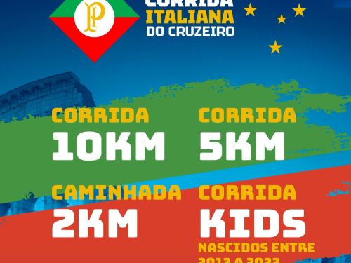 O cartaz detalha as opções de participação: corridas de 10km e 5km, caminhada de 2km e Corrida Kids (para nascidos entre 2013 e 2022).