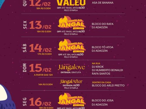 Fundo roxo com ilustrações de bicho-preguiça, tucano e onça. Texto: "CarnaJângal - Seis dias de música, blocos e energia", de 12.02 a 17.02.