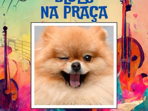 Cartaz colorido do evento “Blues na Praça”. No centro, há a foto de um cachorro pequeno e peludo, de cor caramelo, com a boca aberta e um olho piscando, em expressão alegre. O fundo traz ilustrações artísticas de instrumentos e notas musicais. Informações: sábado, 10/01, das 12h às 20h, na Praça Alaska, bairro Sion, com entrada gratuita.