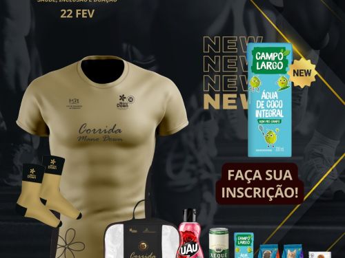 Cartaz da 15ª Corrida Mano Down com foco nos parceiros. Além do kit dourado à esquerda, a imagem destaca à direita uma caixa de água de coco Campo Largo com a etiqueta "NEW". Na base, aparecem outros produtos que compõem a experiência do evento: essência UAU, bebida Xeque Mate, água de coco e pacotes de ração Luppy Select. Rodapé com marcas institucionais e patrocinadores.