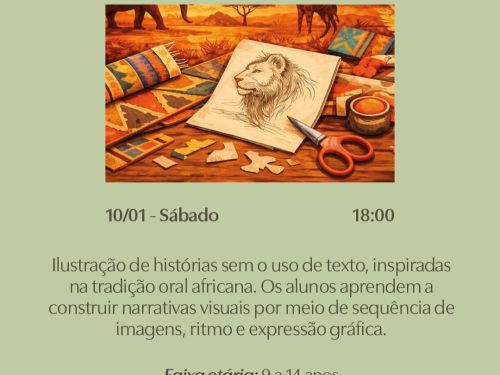 Cartaz verde claro com o título “Arte Narrativa”. Imagem central de materiais artísticos e um desenho de leão. Evento dia 10/01, sábado, às 18h, para faixa etária de 9 a 14 anos, no Ateliê da Casa do Sol.