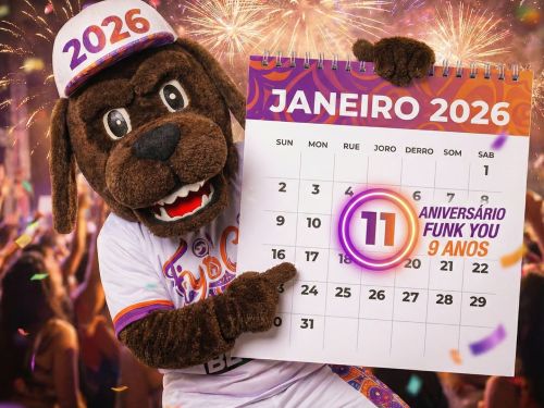 Imagem festiva com fogos de artifício e confetes ao fundo. Um mascote de cachorro marrom, vestindo boné e roupa branca com o ano "2026", segura um calendário do mês de janeiro de 2026.