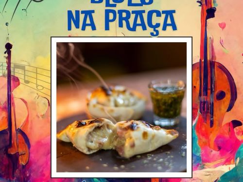 Cartaz colorido anunciando o evento “Blues na Praça”. Ao centro, há a foto de um prato com empanadas recheadas e um molho ao lado. O fundo traz ilustrações artísticas de instrumentos musicais e notas musicais. Informações do evento: sábado, dia 10/01, das 12h às 20h, na Praça Alaska, bairro Sion, com entrada gratuita.