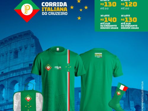 O kit é verde com detalhes da bandeira italiana. Os valores para o público geral variam de R$ 120,00 a R$ 140,00, com descontos para sócios (R$ 110,00 a R$ 130,00) conforme o lote.