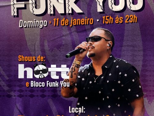 Cartaz de fundo roxo sobre o Aniversário de 9 anos do Bloco Funk You. No centro, foto do cantor Felipe Hott com microfone e óculos escuros.