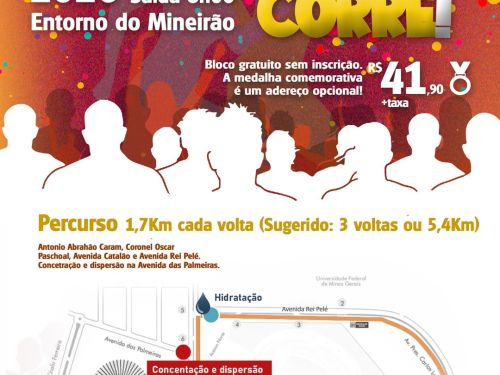 Cartaz do evento "Bloco do Corre!", que acontecerá no domingo, 15 de fevereiro de 2026, no entorno do Mineirão. A imagem possui um fundo vibrante com confetes coloridos, silhuetas de corredores e o título em letras grandes com um chapéu de bobo da corte.
