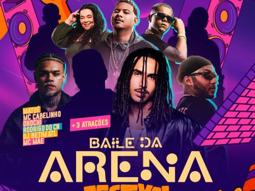 Cartaz vibrante do Baile da Arena Festival, que acontecerá em 21 de março em Belo Horizonte, apresentando fotos dos artistas confirmados sobre um fundo roxo com elementos urbanos, notas musicais e grandes caixas de som. O line-up inclui Matuê, MC Cabelinho, Orochi, Rodrigo do CN, DJ Betim ATL e MC Mae, além da promessa de mais três atrações.