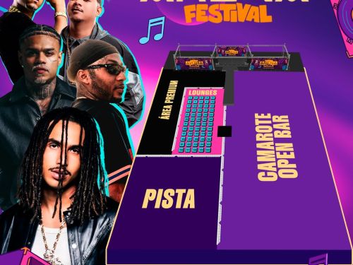 Cartaz informativo do Baile da Arena Festival em Belo Horizonte, marcado para o dia 21 de março. A imagem apresenta o mapa do evento dividido em setores — Pista, Área Premium, Lounges e Camarote Open Bar — e destaca as atrações confirmadas: Matuê, MC Cabelinho, Orochi, Rodrigo do CN, DJ Betim ATL e MC Mae, além de três convidados extras. O design utiliza tons de roxo e rosa com ilustrações de artistas, caixas de som e elementos urbanos, incluindo um número de contato para informações.