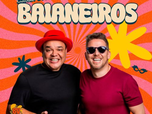 Cartaz vertical com estética vibrante e retrô, predominantemente nas cores laranja, rosa e amarelo. O fundo apresenta um efeito de "raios de sol" (sunburst) que converge para o centro. Dois homens sorridentes aparecem em destaque na metade inferior.