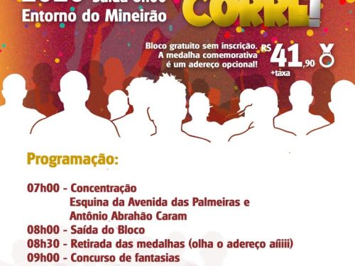 Cartaz do evento "Bloco do Corre!" que acontece dia 15 de fevereiro de 2026 no entorno do Mineirão. A imagem tem fundo vibrante com confetes e silhuetas de corredores. O bloco é gratuito, com uma medalha opcional por R$ 41,90 + taxa.