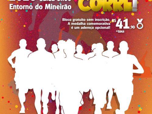 Cartaz festivo do evento "Bloco do Corre!". Sobre um fundo vibrante com confetes coloridos, destaca-se a data de 15 de fevereiro de 2026 e o local: Entorno do Mineirão. No centro, vemos silhuetas brancas de pessoas correndo. O texto informa que o bloco é gratuito e sem inscrição, mas há uma medalha opcional por R$ 41,90. Os horários são: concentração às 7h e saída às 8h.